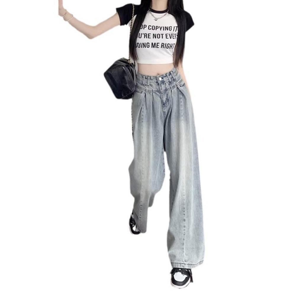 Trendy Design Denim Wide-leg Pants Women's Spring and Autumn New High-waisted Loose and Versatile Floor-mopping Jeans