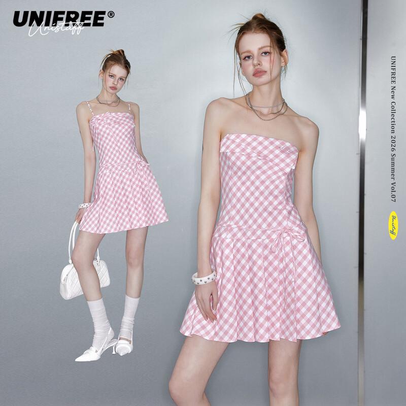 unifree Women's Plaid A-Line Strappy Summer Dress