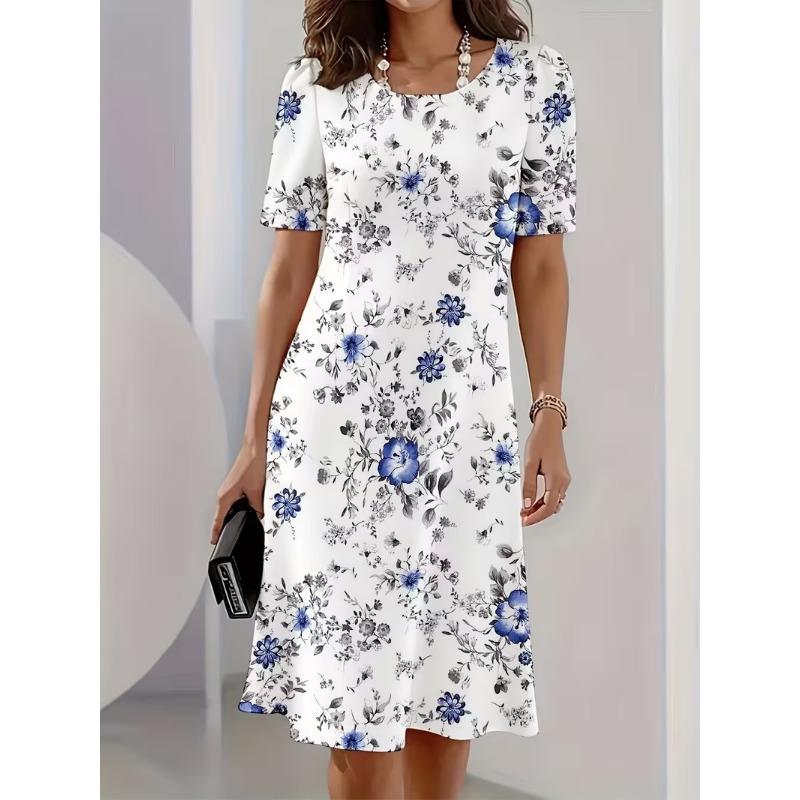 Summer Women Dress Casual Loose Short Sleeve O-Neck Print Mini Dress