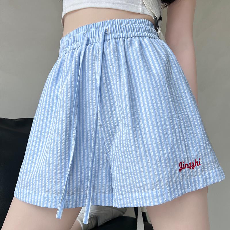 Embroidered plaid shorts women s summer thin, new high-waisted casual loose quick-drying sports five-point pants S синий