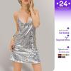 2025 Summer Sleeveless Sequin V-neck Mini Dress for Women - Sexy European & American Style with Spaghetti Straps