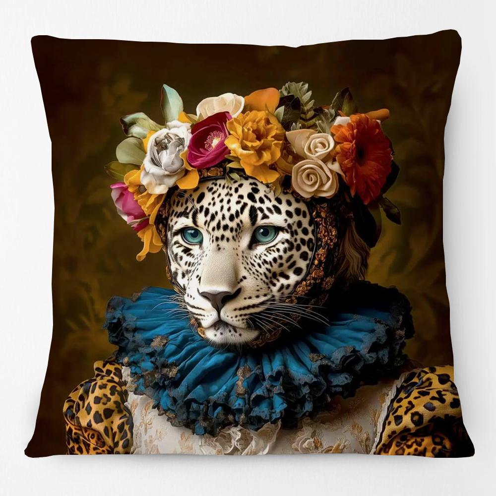 Fashion Animals Portraits Poster Zebra Tiger Leopard Lion Giraffe Fox Moose With Floral Cushion Cover Decorative Pillow Case