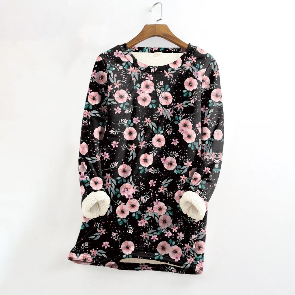 Dame Rundhals Topp Trykk Fortykket Plysj Kasjmir Varm Lang Topp