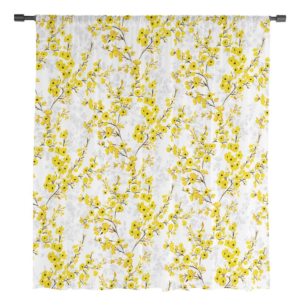 Yellow Flower Watercolor Leaves Sheer Curtains Ideal for Living Room Ornamentation Window Curtains Cooking Area Tulle Voile Organza Drapes