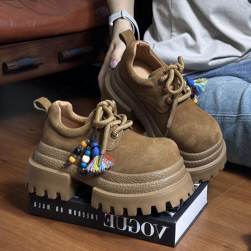 Frosted leather muffin small leather shoes for women 2025 autumn loafers for women, small people with big heads, British style for women