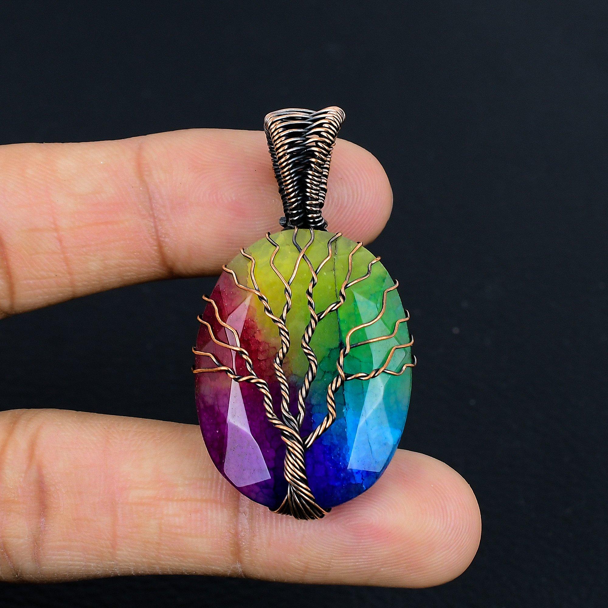 

Tree Of Life Rainbow Solar Quartz Jewelry, 999 Copper Wire Wrapped Gemstone Pendant, Handmade Pendant, For Memorial Day 2.55 Inches