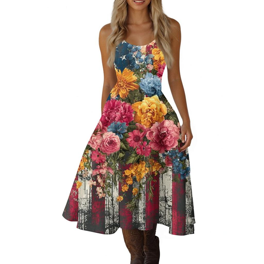 Women's Casual Fashion Independence Day Print V-Neck Retro Sleeveless Dress