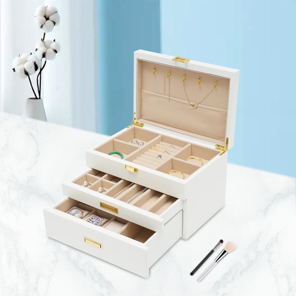 3-Layer Jewelry Organizer Box for Women, Modern White Jewelry Storage Box with Plush Lining, Rectangular Jewelry Display Case