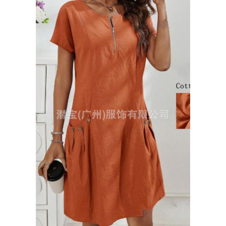 Vestido casual de verano para mujer, línea A, con cremallera frontal, manga corta, color liso, con bolsillos