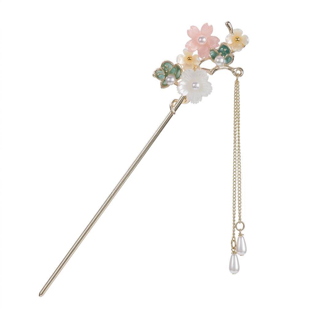 New Chinese Flower Tassel Hairpin with Imitation Pearl for Hanfu Qipao Wedding and Stage Performance Elegant Design