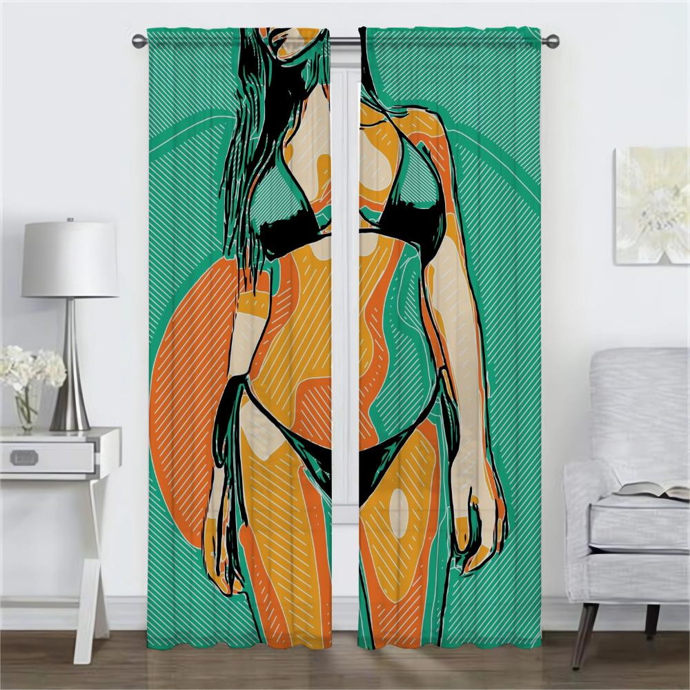 Set Of 2 Anti Mosquito Curtains Abstract Sexy Girl Camera Window Curtain Tulle Bedroom Blinds Kitchen Light Blocking Polyester Ideal For Master