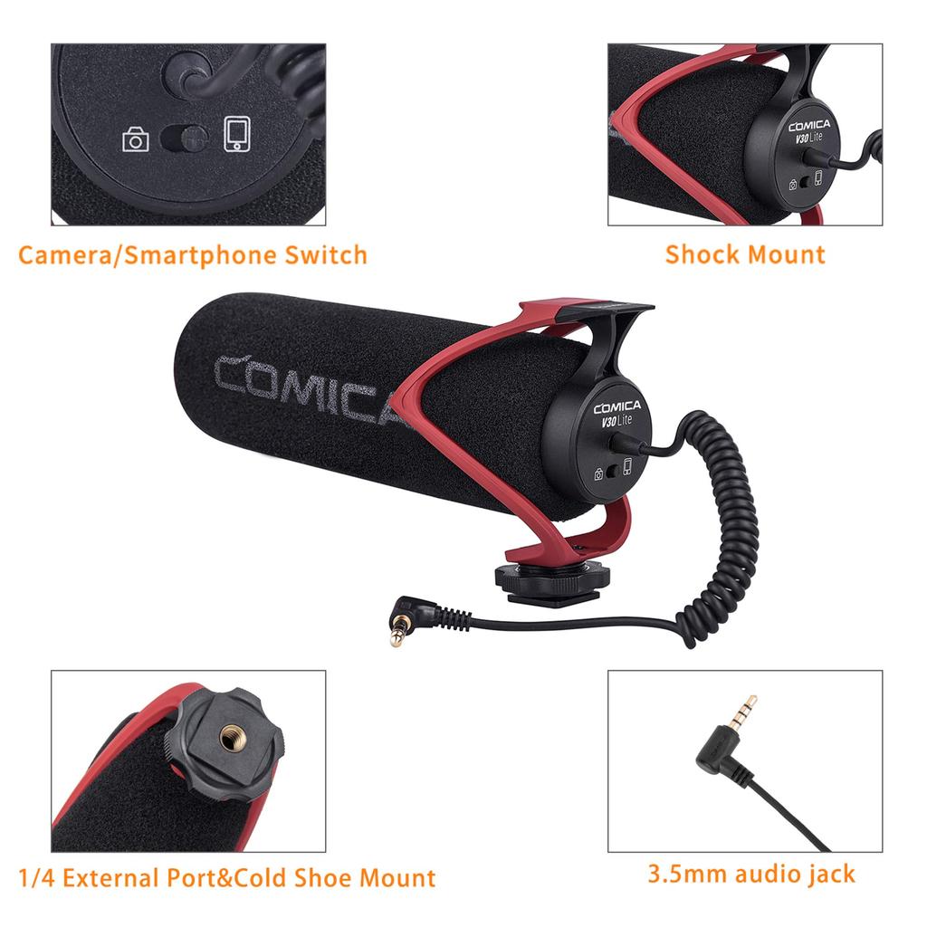 COMICA V30 LITE External Shotgun Microphone Switching between Camera and Smartphone Unidirectional [One-Touch Modes]