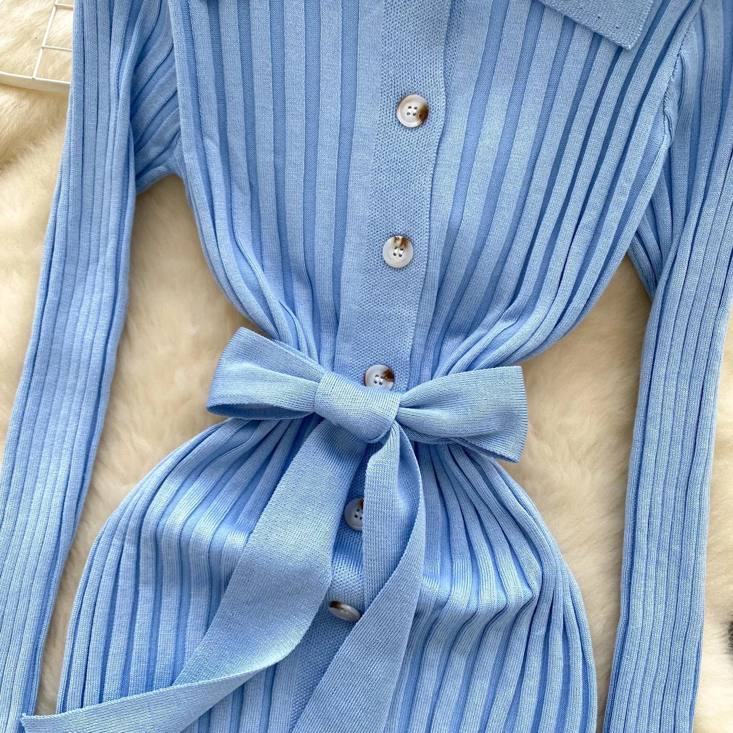 Винтажное отложной воротник элегантное длинное рукав однобортное бандажное трикотажное — фото 7