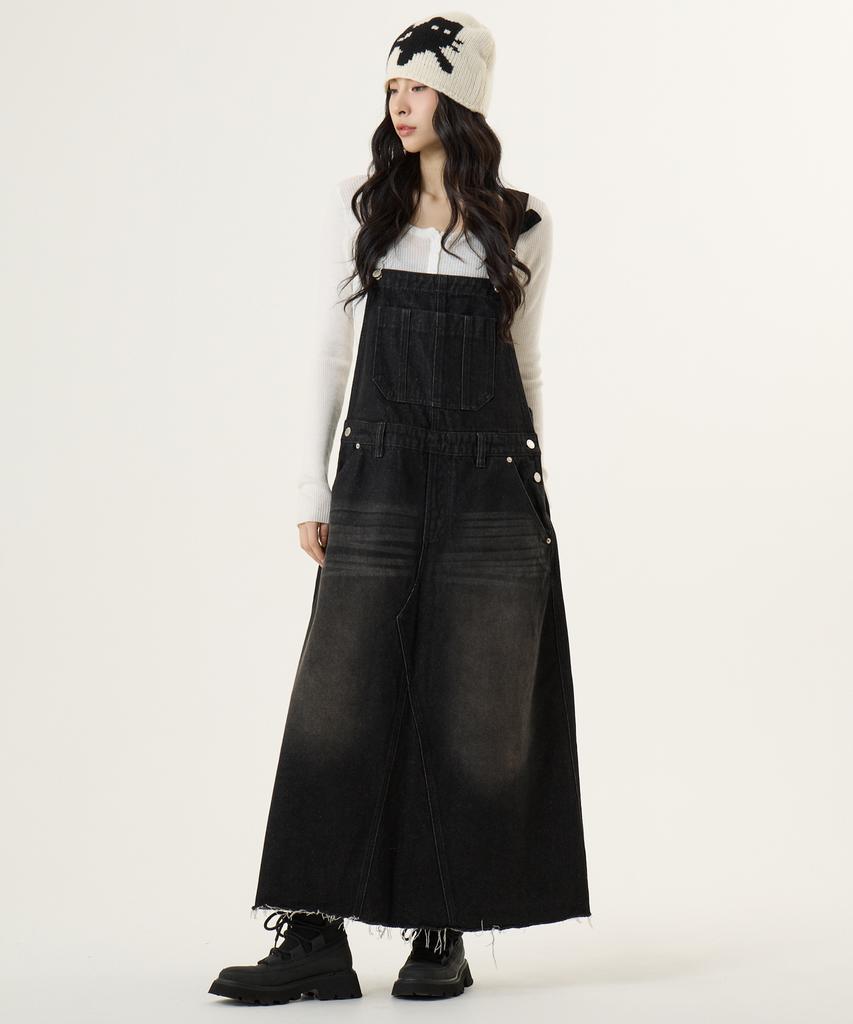 Unknown Planet Overalls Denim Long Skirt Sand Black