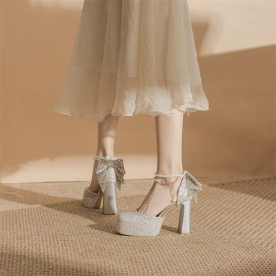 Waterproof Table Square Head Thick Heel Hollow Rhinestone Xiuhe Wedding Dress Two Wear Wedding Shoes Bridesmaid Shoes High Heels Women