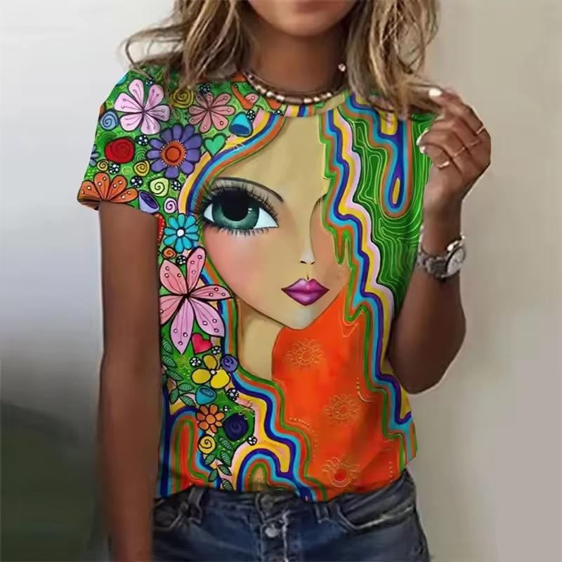 

3D Printed Abstract Face Painting T-shirts Retro Girl Pattern Top Summer Round Neck Short Sleeved Women s T-shirts 6XL