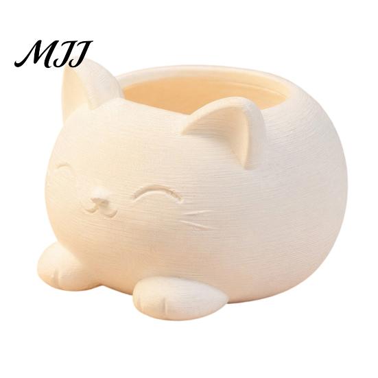 Small Indoor Plant Container 3D Printed Cat Ornament, Flower And Makeup Brush Holder, Milky White Design, Cute Planter Stable Base Decorative Pot, for