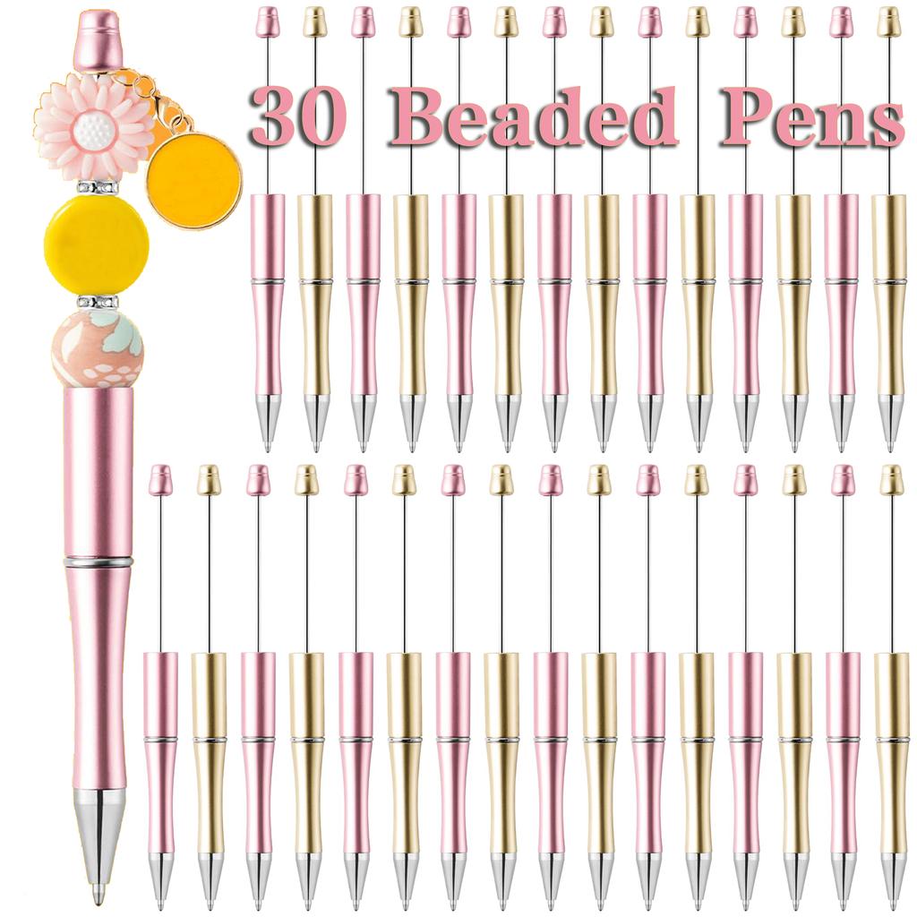 30Pcs Beadable Pens Gold and Pink Bead Ballpoint Pen Black Ink Beaded Pens for DIY Kid Student Office