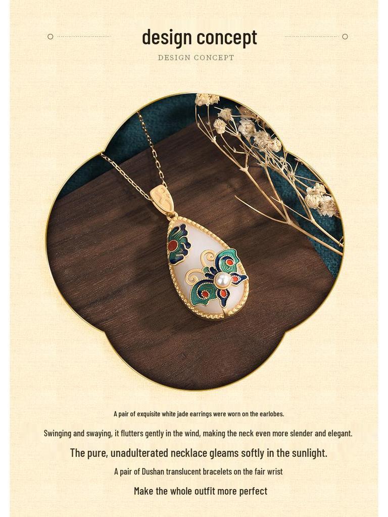 Cloisonné Enamel Necklace with 24K Gold-Plated Copper and Imitation Hetian Jade Pendant: Chinese Style Qipao Hanfu Accessory