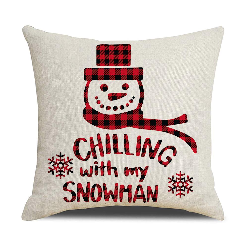 Red and Black Plaid Christmas Pillow Cover Cartoon Print Linen Sofa Cushion Cover Pillow