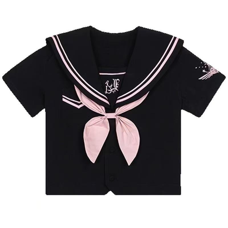 Girls' Academy Style Sailor Suit: Navy Collar Bow Shirt & Skirt Set