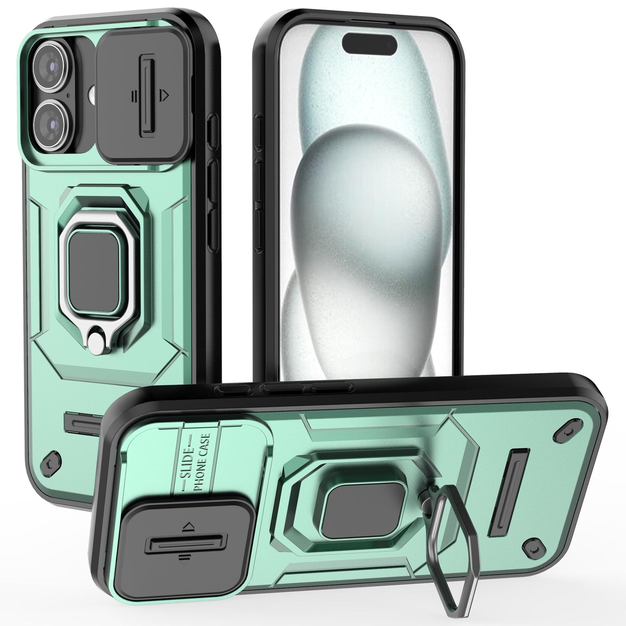 For iPhone 16 Case Ring Kickstand PC+TPU Phone Cover with Lens Shield C