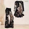 Women Plus Size Black Printed V Neck Three Quarter Sleeve Flared Top And Flared Pants Two Piece Set