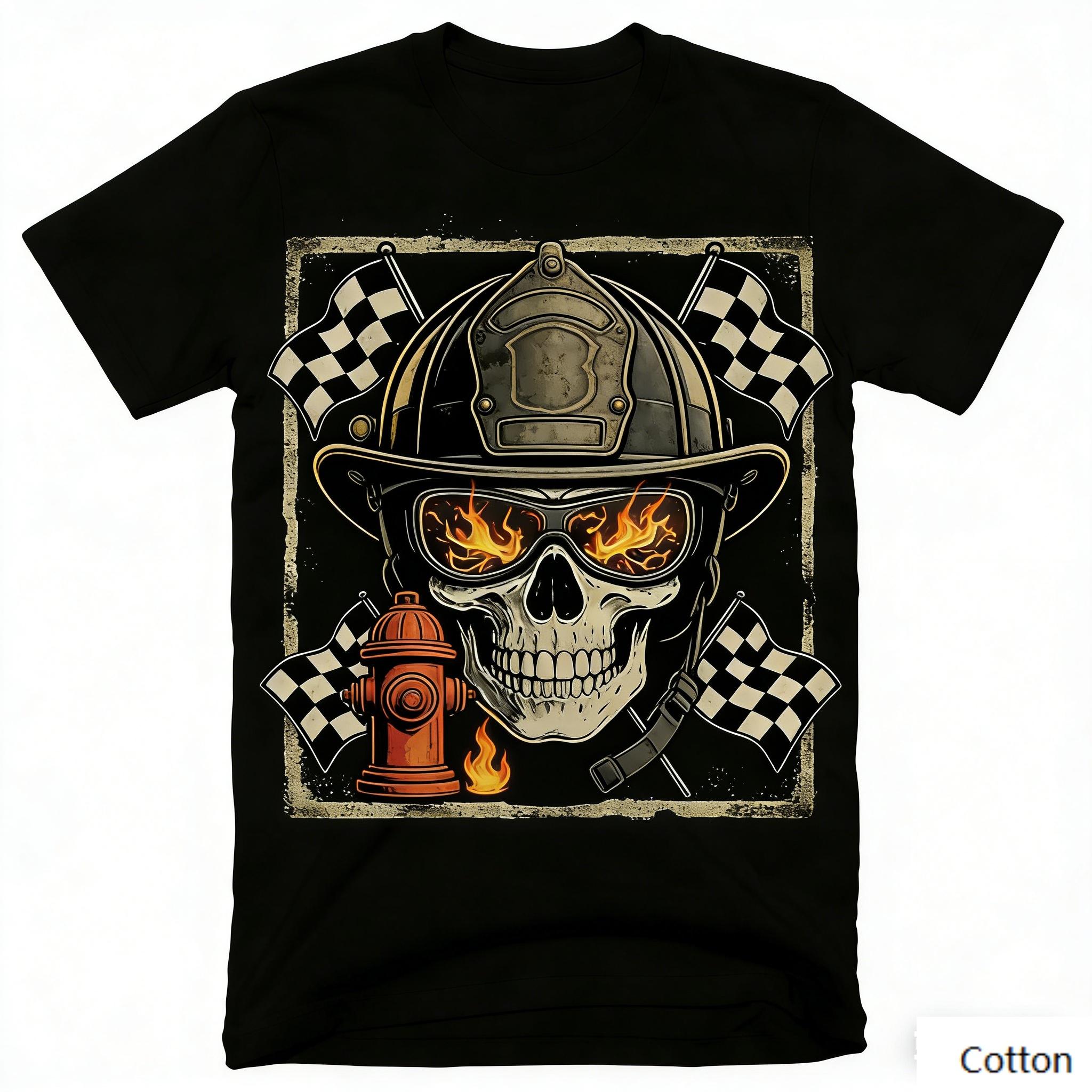 Vintage Firefighter Racing Skull Graphic T Shirt, Cotton Crew Neck Short Sleeve Tee, Checkered Flag Print Unisex Top S разноцветный