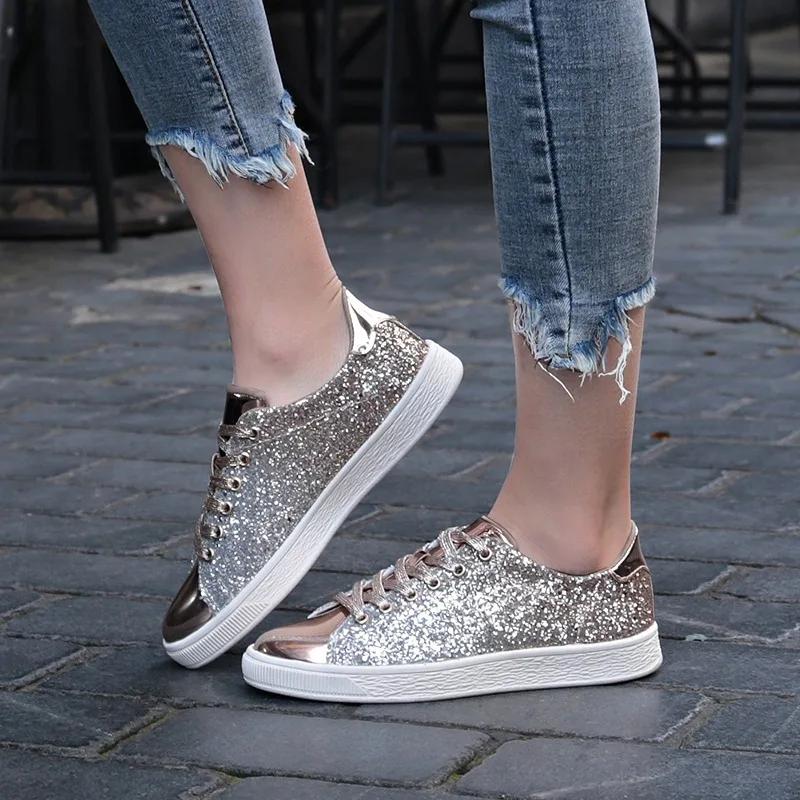 High Quality Lace-Up Rhinestone Women's SneakersLadies Shoes Flat with Casual Comfortable Non-slip Outdoors Ladies Shoes