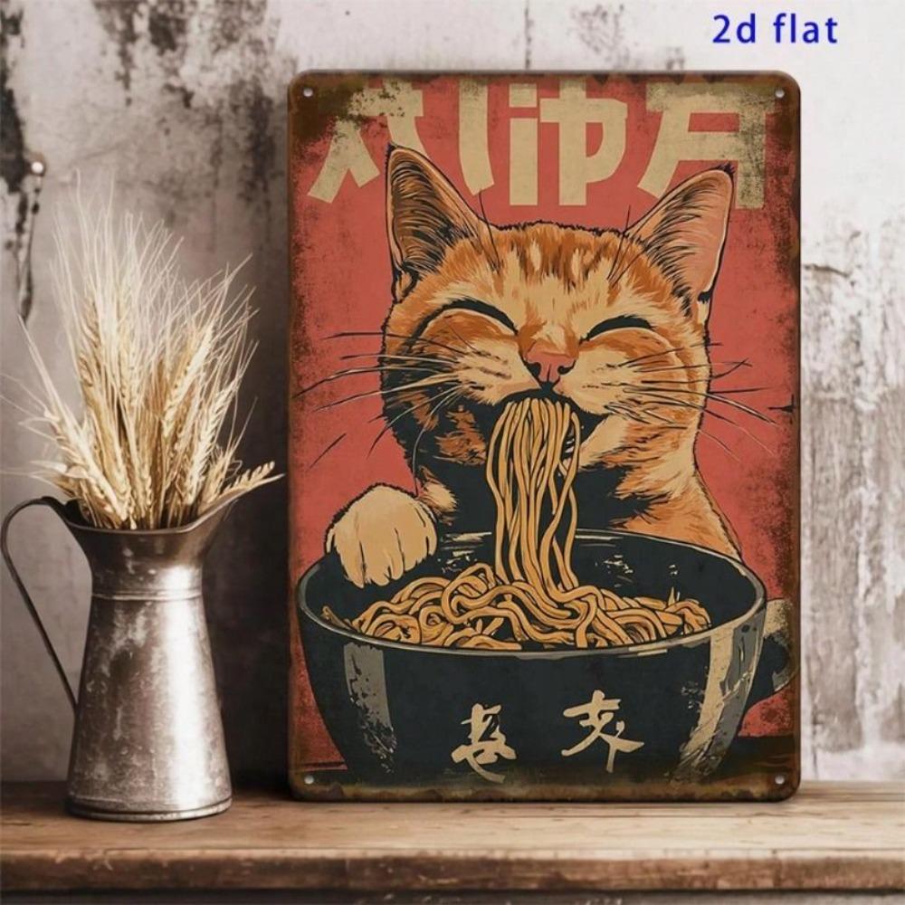 Vintage Metal Poster Wall Art Retro Cat Ramen Noodle Japanese Kitchen Decor