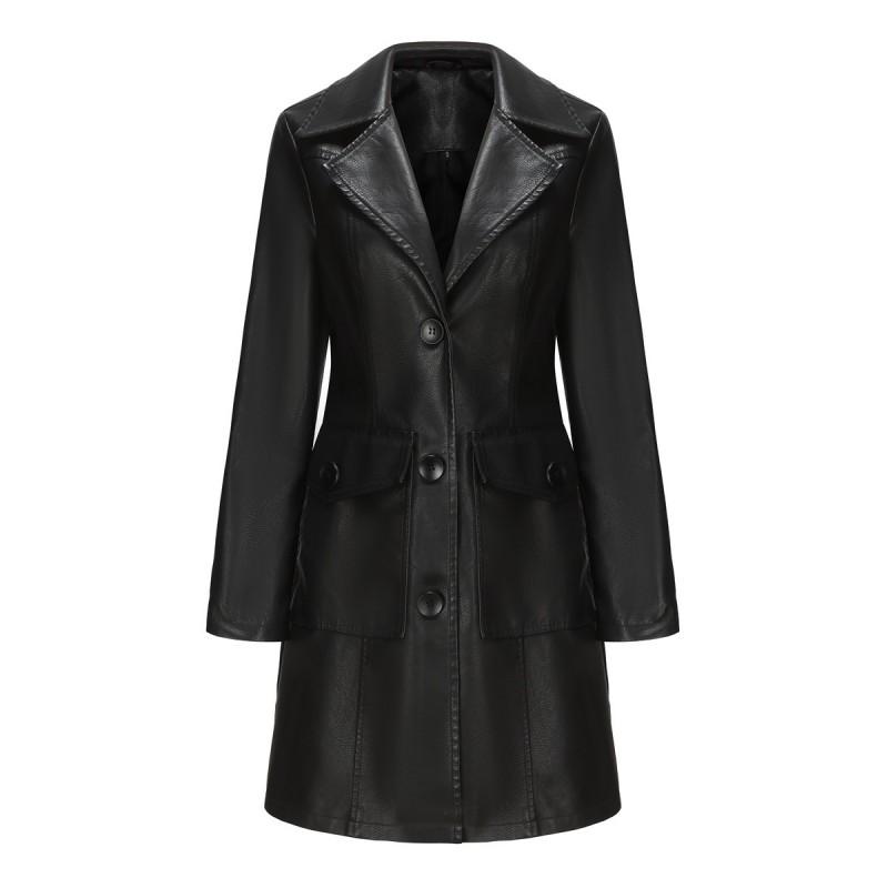 Womens Long Leather Look Trench Coat