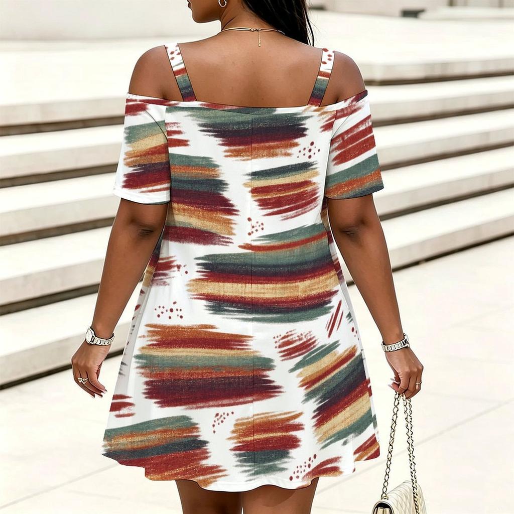 Women Plus Size Cold Shoulder Chain Strap Printed Short Sleeve Loose Mini Dress