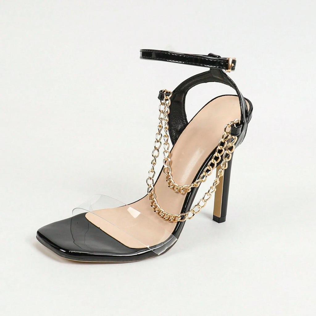 Damen Kette Dekorative Glaskleber PVC Quadratkopf High Heel Sandalen Schwarz High Heels