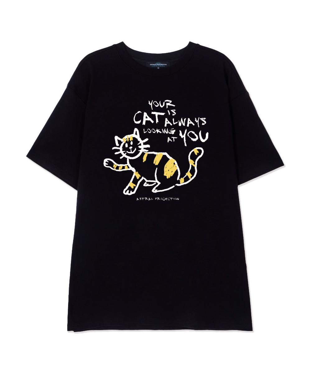 Astral Projection Doodle Cat Supima Cotton Round Neck Short Sleeve T-Shirt_Black L