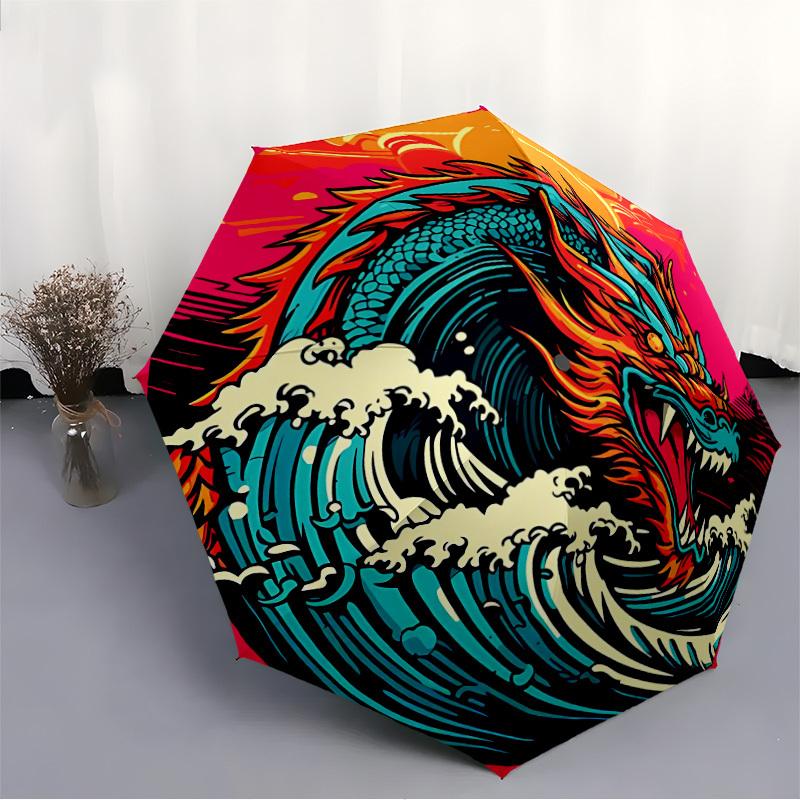 1pc Ocean Dragon Automatic Open/close Folding Compact Umbrella, 8 Rib Sturdy Canopy, Lightweight Portable, Everyday Use, Gift,,140