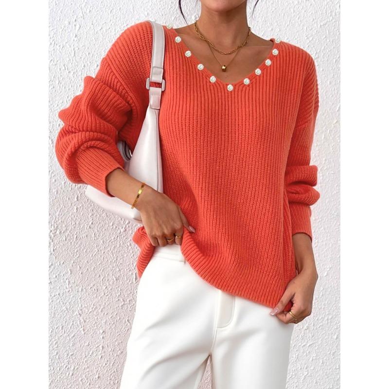 Autumn Winter Loose Casual Fashion Beading Sweater Women V-neck Solid Color All-match Pullover Knitting Top