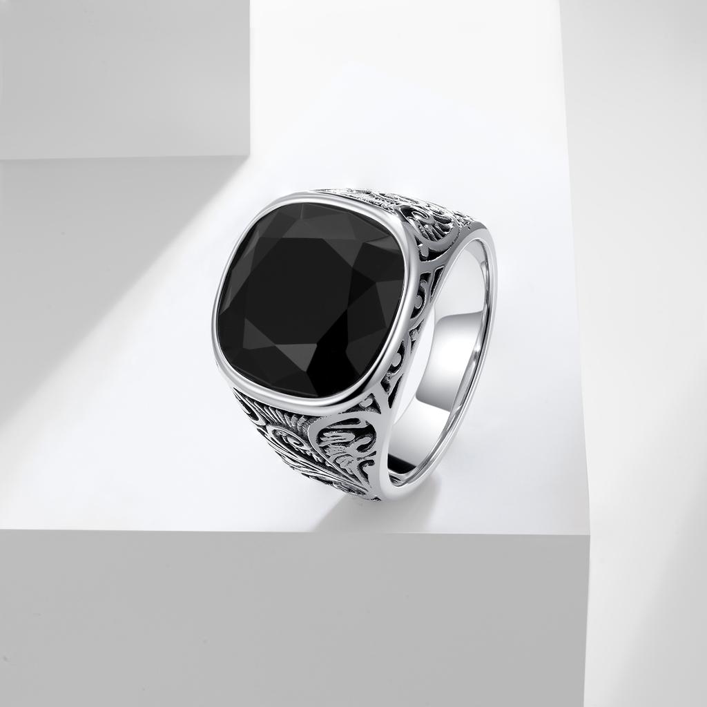 Retro European American Style Men'S Stainless Steel Ring, Fashionable Simple Creative Design, Synthetic Faux Gemstone,