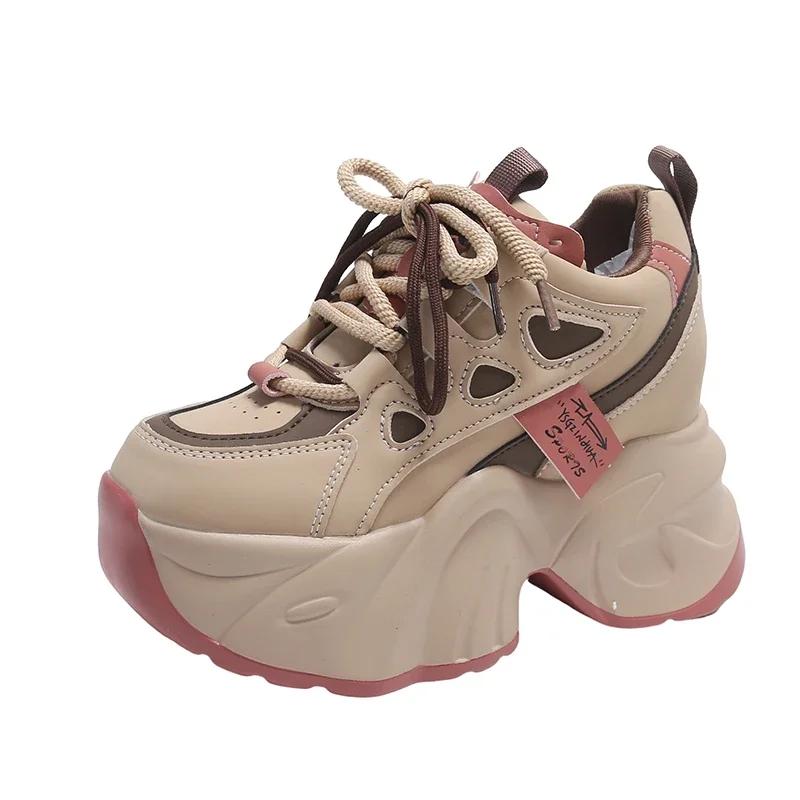 Fashion New Spring Autumn Non-slip Chunky Sneakers Women Lace-up High Platform Leather Sports Dad Shoes 7CM Heels Casual Shoes Woman