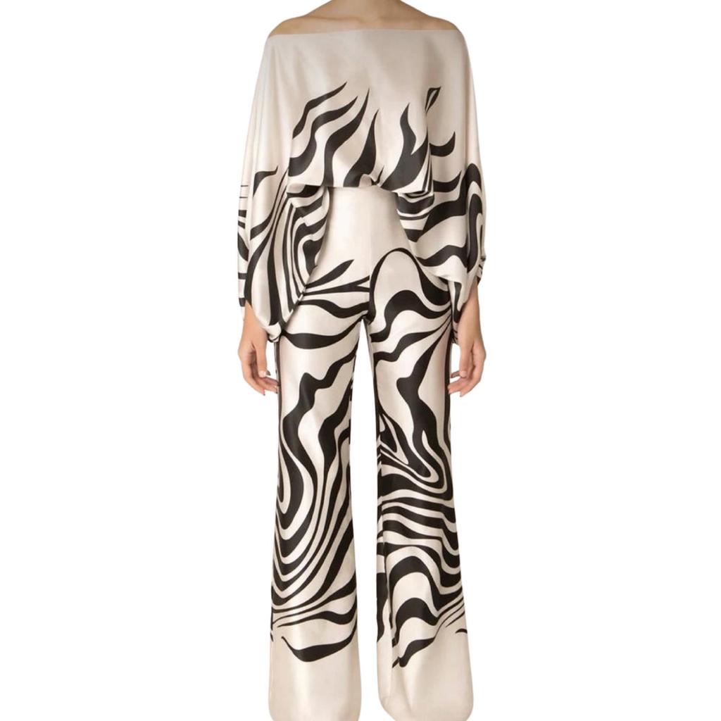 D9713 Women's Casual Satin Print One-Shoulder Top & Long Pants Two-Piece Set