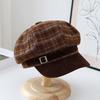 Japanese-inspired retro brown plaid beret - autumn/winter oversized octagonal hat