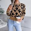 Women Autumn Winter Leopard Print Knitted Crop Sweater Long Sleeve O Neck Nipped Tops Sizes S to L
