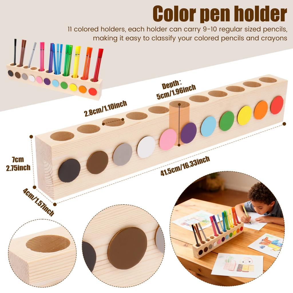 Wood Pencil Holder with 11 Holes Rounded Corner Design Pen Holder Creative Desktop Stationery Organizer Decorative School Office