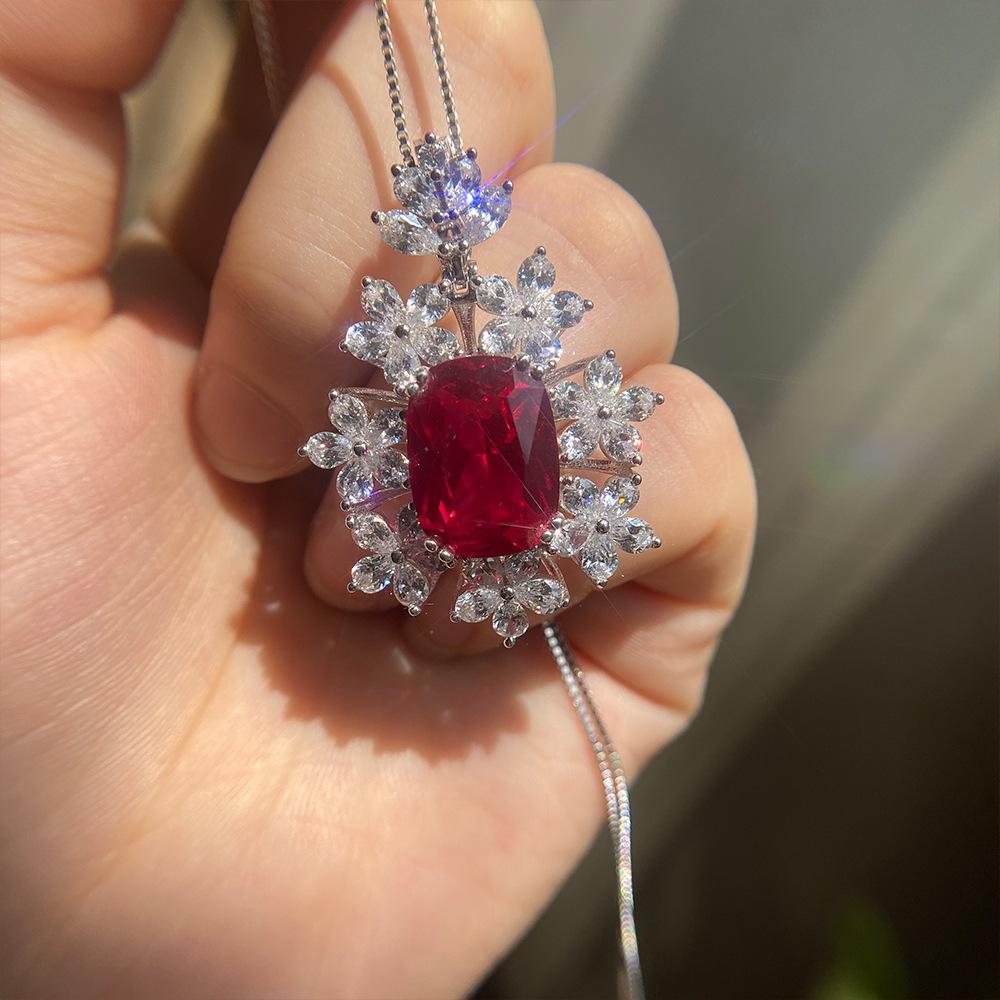 Tancise Jewelry Synthetic Ruby Silver Pendant 12 * 16 Flower Necklace 40 + 3