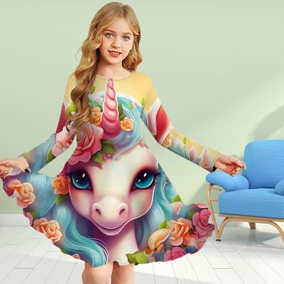 Girl Casual 3D Print Rose Red Unicorn Round Neck Long Sleeve Dress Kid Princess Dress