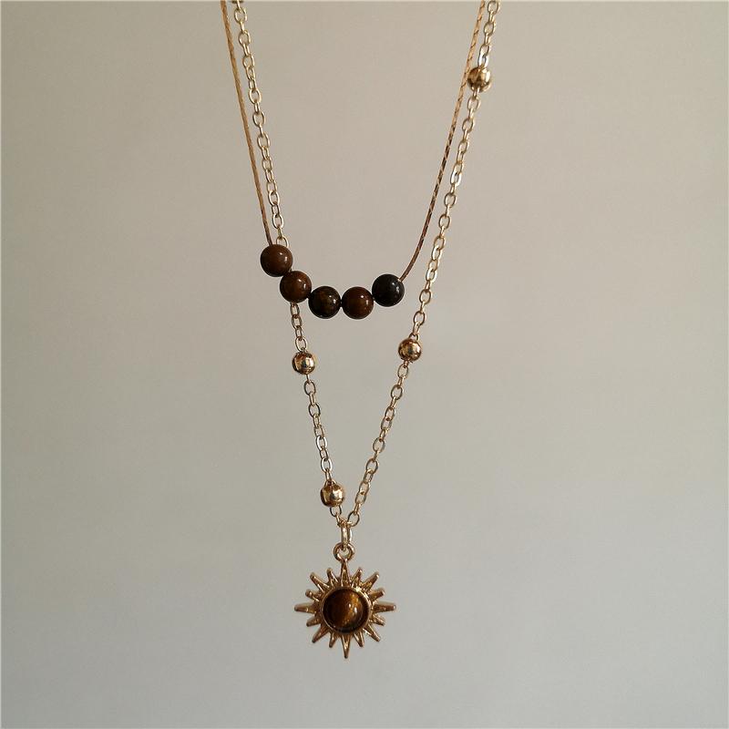 Vintage Leather Brown Stone Sun Pendant Beaded Choker Clavicle Chain Necklace For Women Unique Y2K Personalized Grunge Jewelry