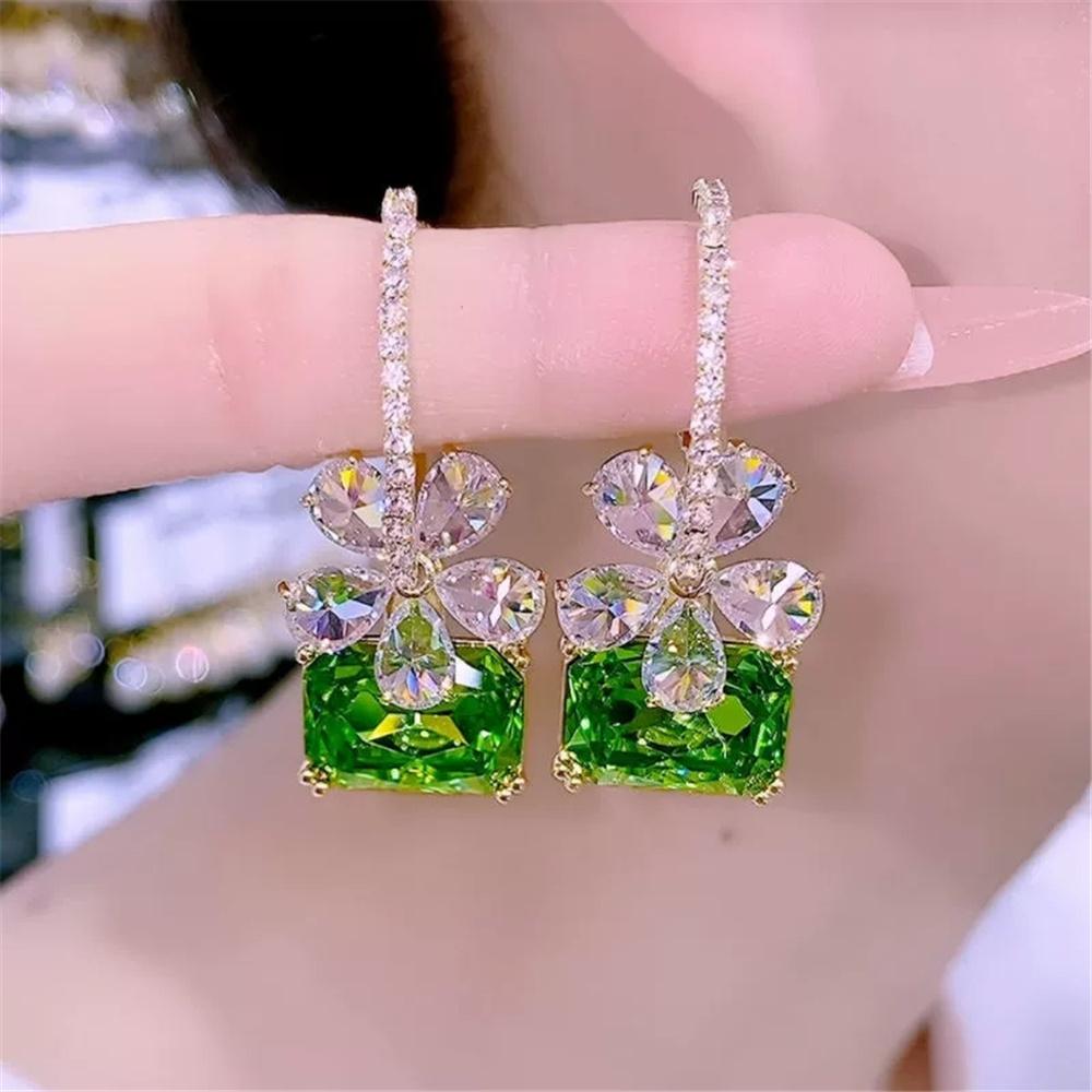 Luxury Female White Green Zircon Stone Square Flower Hoop Earrings Vintage Fashion Gold Color Wedding  For Women
