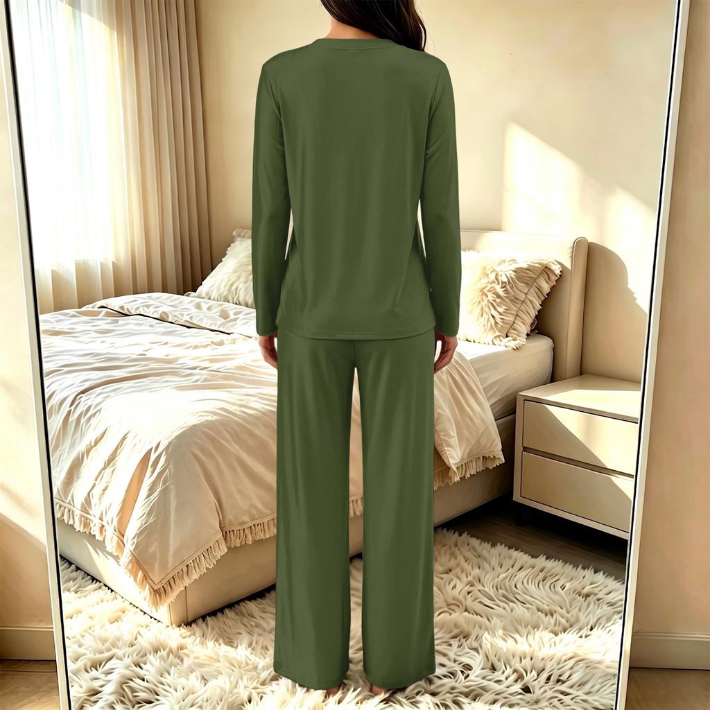 Women's V-Neck Loose Fit Pajama Set with Pants - Color Casual Two-Piece Nightwear