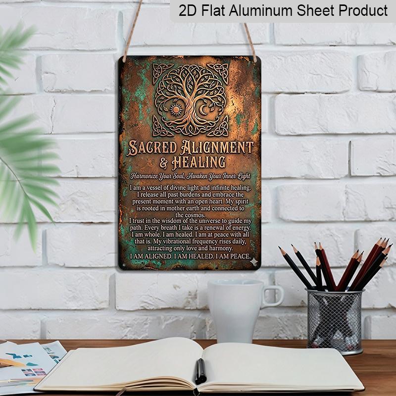 2D Flach, Vintage 7,87*11,8 Quadratische Aluminium-Wandplakette Heiliger Baum Totem mit Heiltext, Ideal für Haus- und Bürodekoration, Wohnzimmer, Café