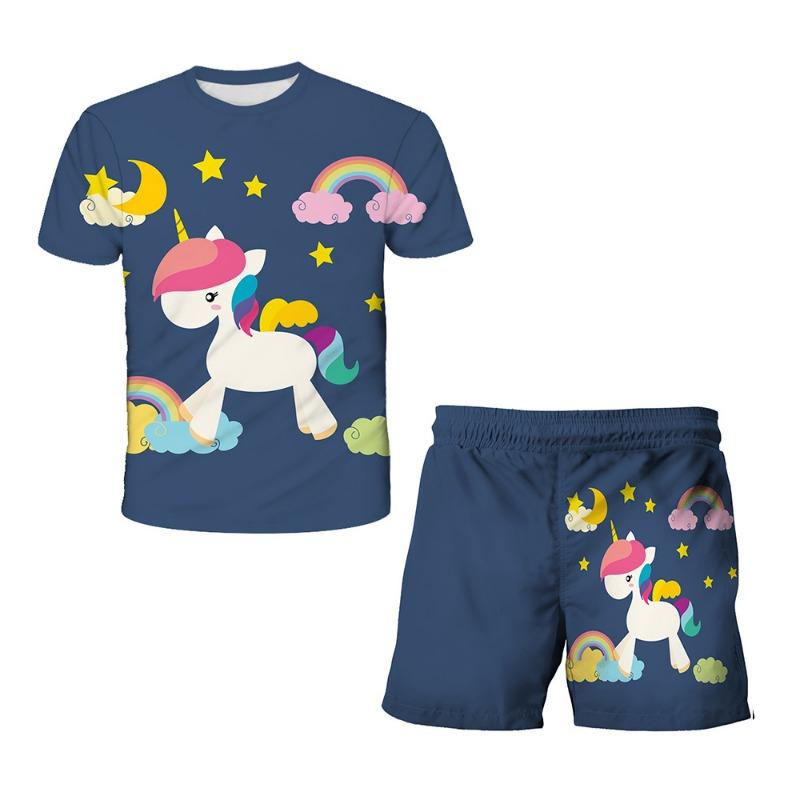 Unicorn Fashion Cute Girl Top T-shirt Short Sleeve+Shorts Two Piece Set Girls' and Children's Top Short Sleeve