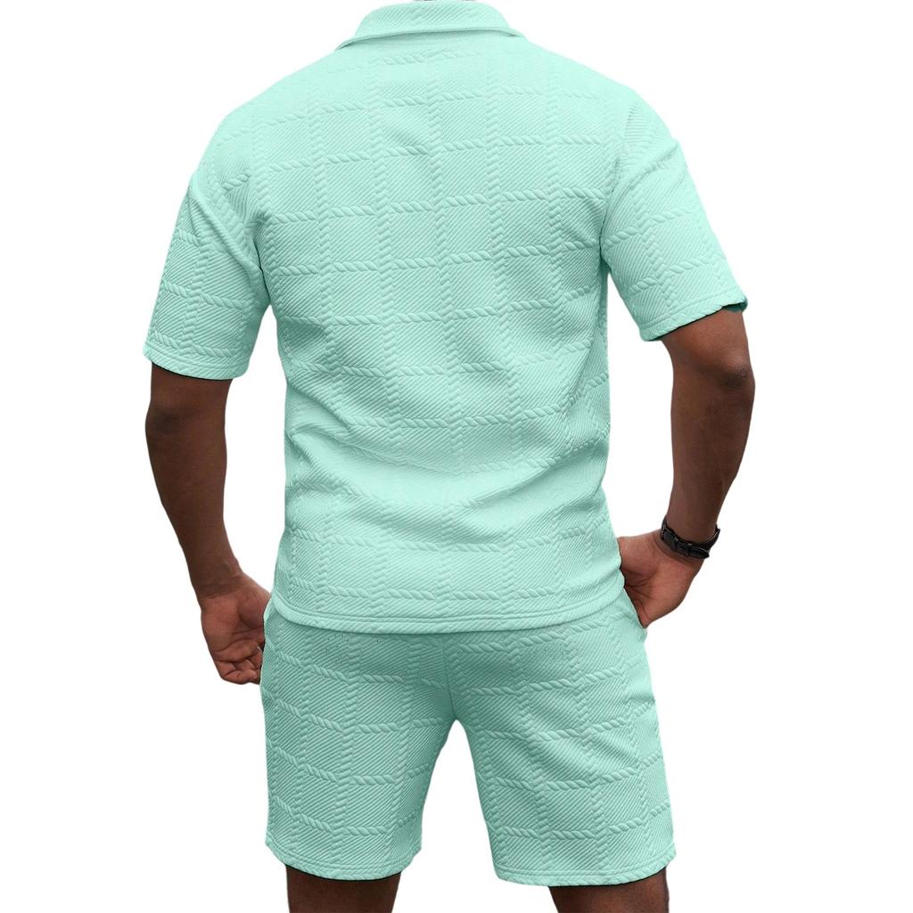 Men'S Solid Color Casual Collar Short Sleeved Shorts Two-Piece Set